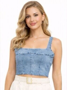 Belle Vere Denim Corset Crop Top Light Wash Blue Bustier Size M
